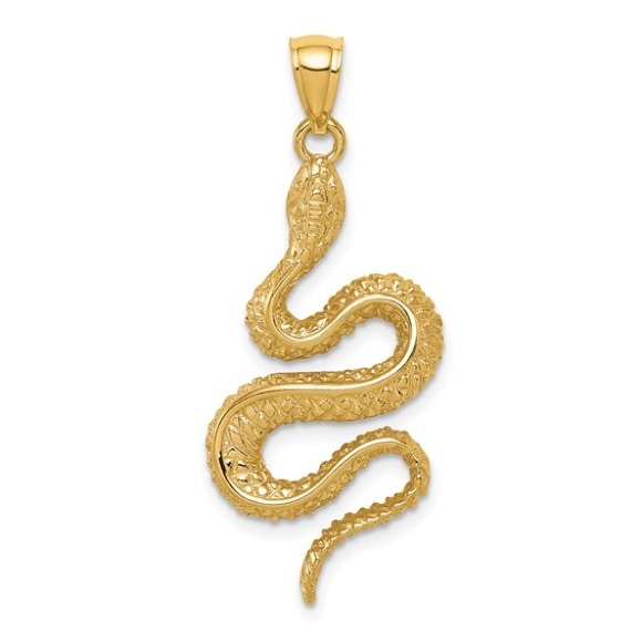 14k Yellow Gold Snake Necklace Charm Pendant textured polished 31mm x 16.25mm - Picture 1 of 5